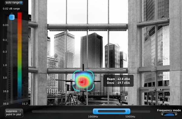 Acoustic camera image showing a sound leak at a glazing junction in a building curtain wall